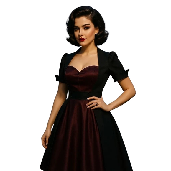 Swing Dance Satin Short Sleeve Pin Up Dress - Picture 6 of 10